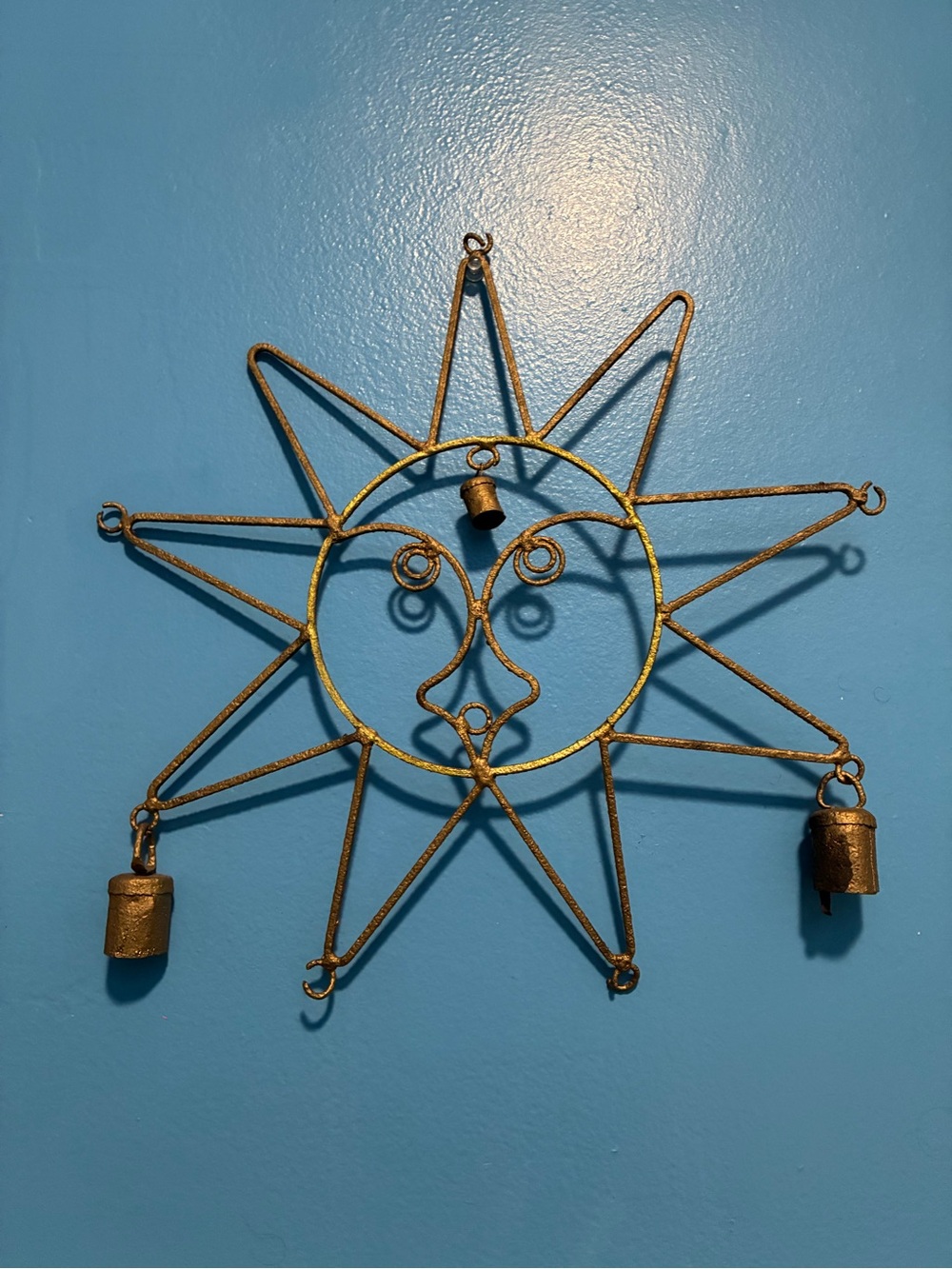Gold Metal Sun Face Wall Decor with Bells Chime Decorative Home Accent